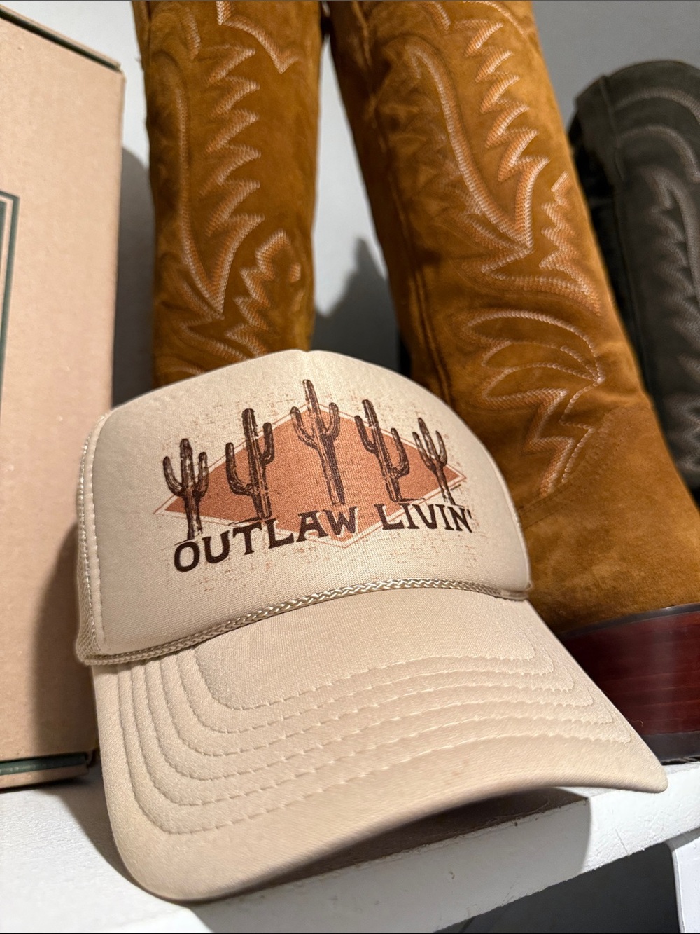 OTTO Outlaw Livin’ Beige Trucker Cap with Country Western Desert Cactus Graphic